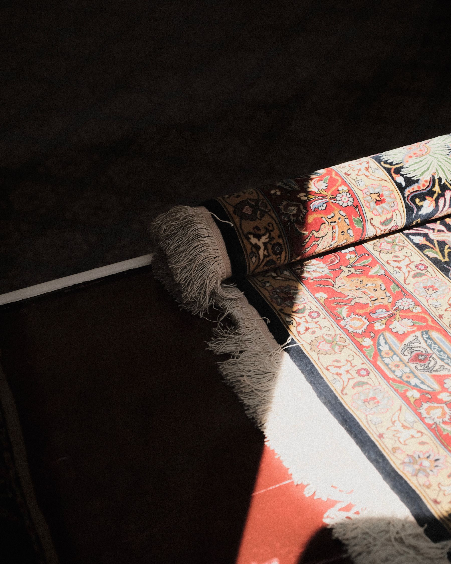 A hand-knotted rug rolled at its edge, fringe and border caught in a hard shaft of light in a darkened room.
